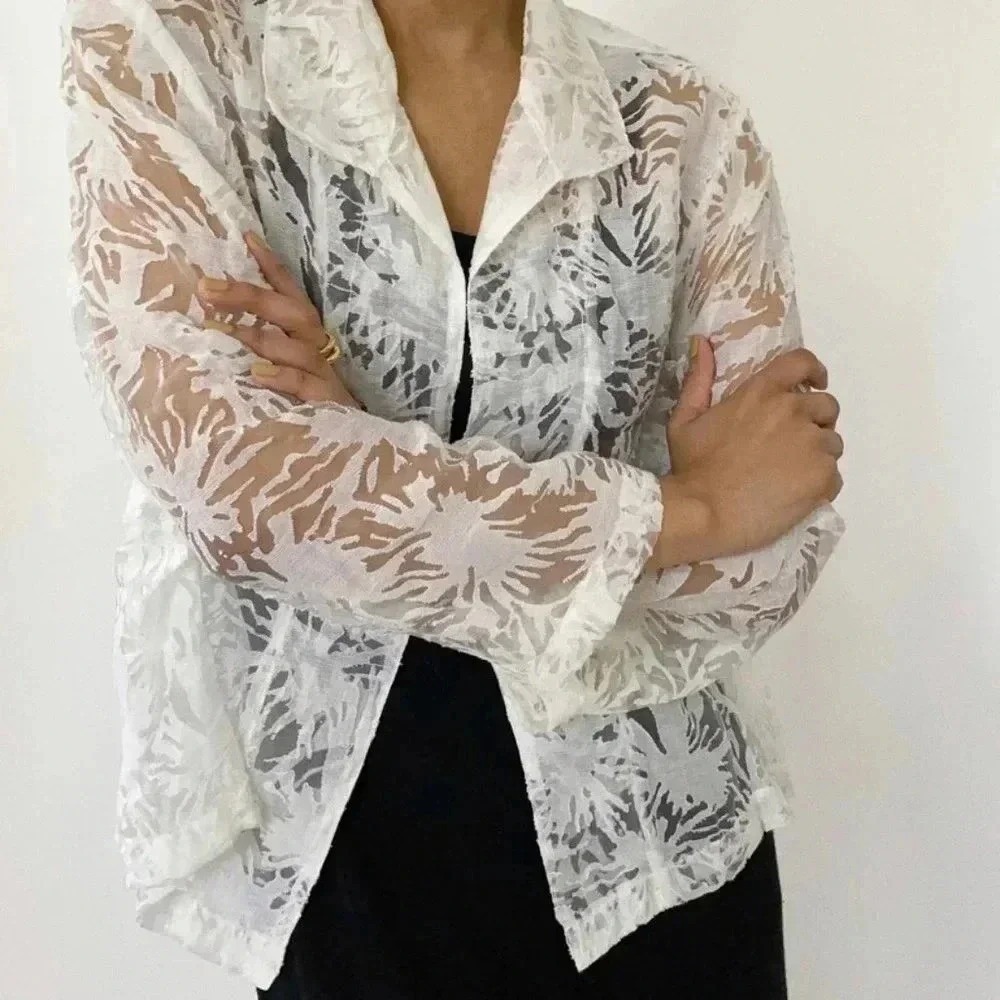 Jones Studio Woman White‎ Sheer Lace Burnout Cardigan Jacket 1X Notched Collar